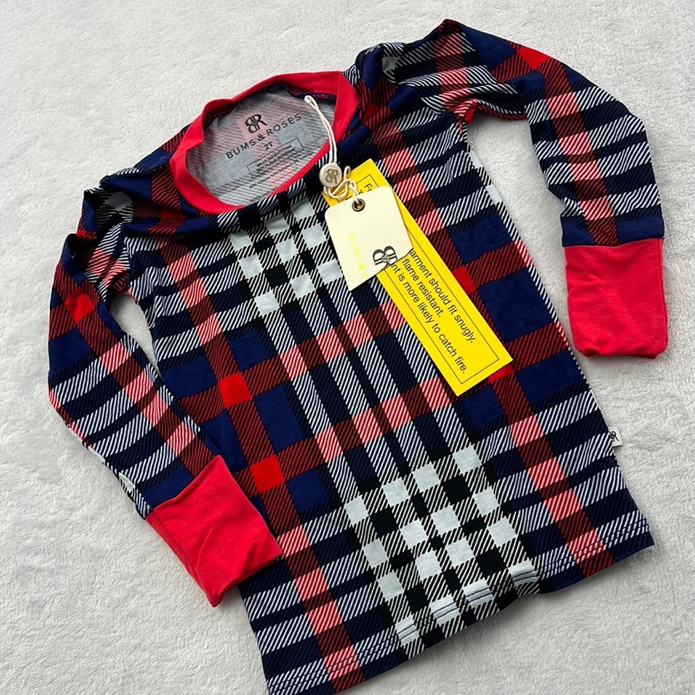 NEW Bums And Roses 2T Bamboo Red And Blue Plaid Pajama Top - Picture 1 of 6